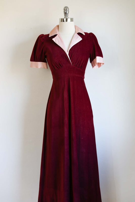 Vintage 1970s Maxi Dress - DARLING Cozy Wine Velour + Pink Slipper Satin Puff Sleeve Byer of California Size XS - S