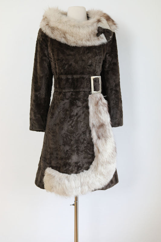 Vintage 1960s Velvet Fur + Fox Princess Coat - Darling Mod Chocolate + Arctic Belted Beauty w Bow Size S to M