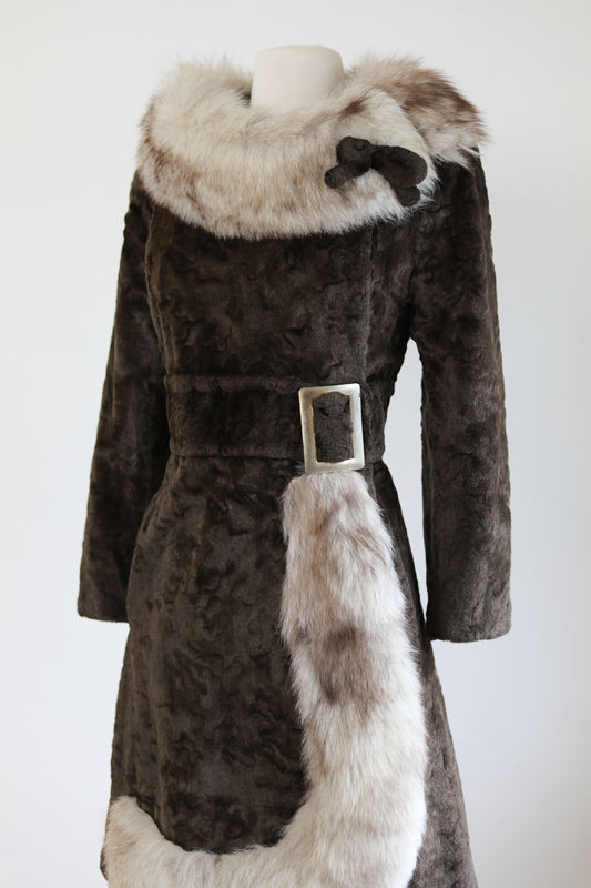 Vintage 1960s Velvet Fur + Fox Princess Coat - Darling Mod Chocolate + Arctic Belted Beauty w Bow Size S to M