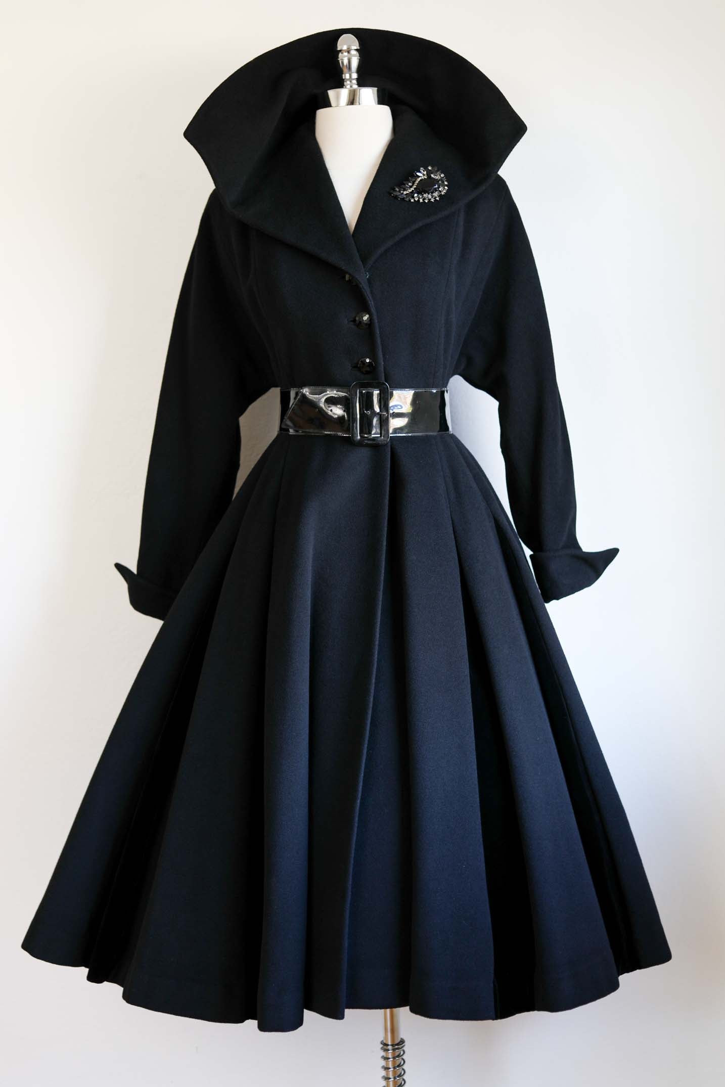 Vintage 1950s Princess Coat - THE BEST Black Cashmere/Wool + Velvet w Wide Black Belt Coat Size XS - S