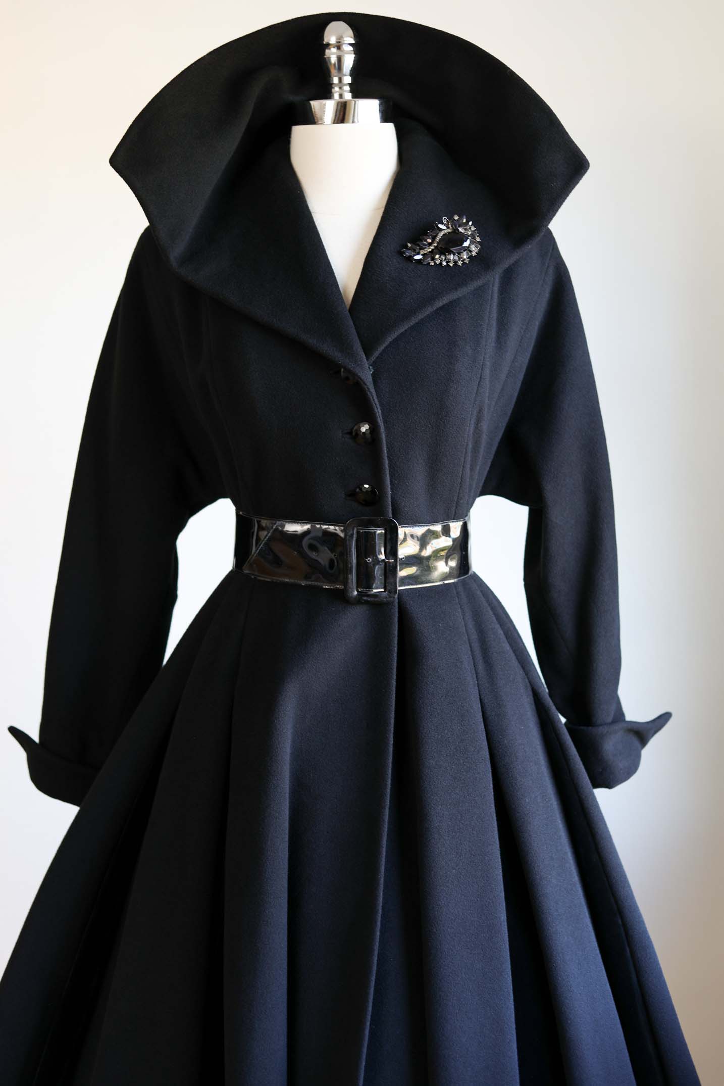 Vintage 1950s Princess Coat - THE BEST Black Cashmere/Wool + Velvet w Wide Black Belt Coat Size XS - S