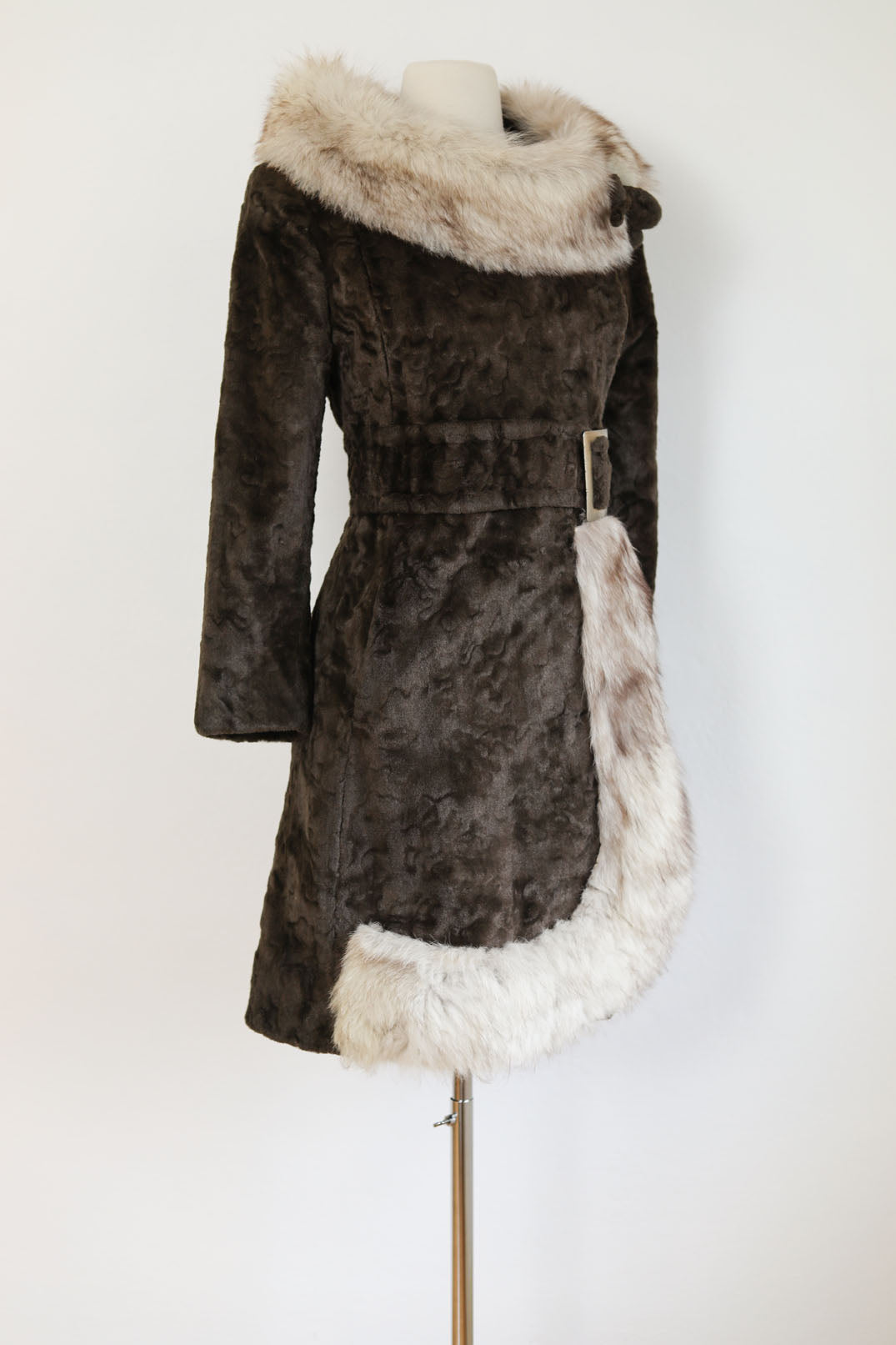 Vintage 1960s Velvet Fur + Fox Princess Coat - Darling Mod Chocolate + Arctic Belted Beauty w Bow Size S to M
