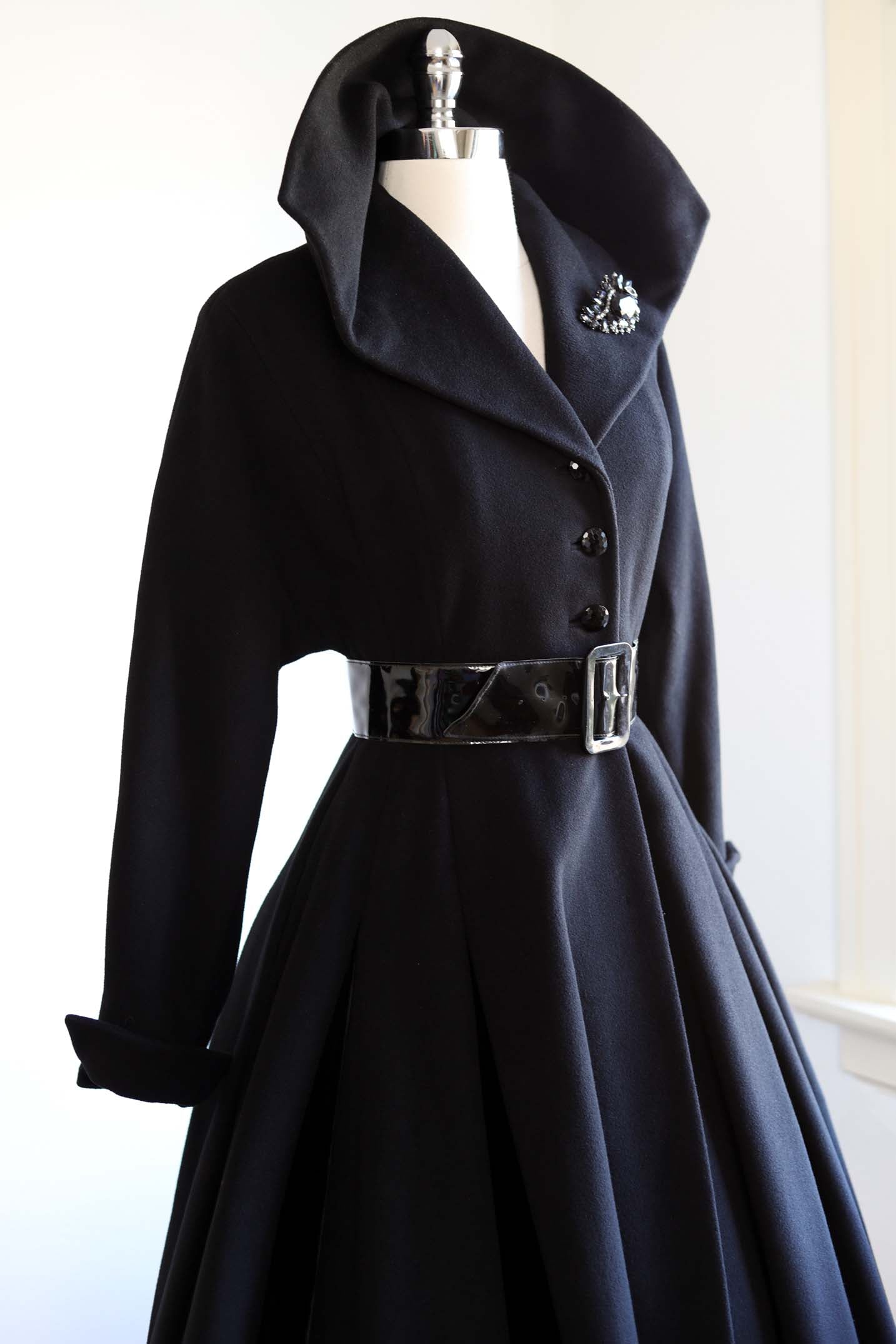 Vintage 1950s Princess Coat - THE BEST Black Cashmere/Wool + Velvet w Wide Black Belt Coat Size XS - S