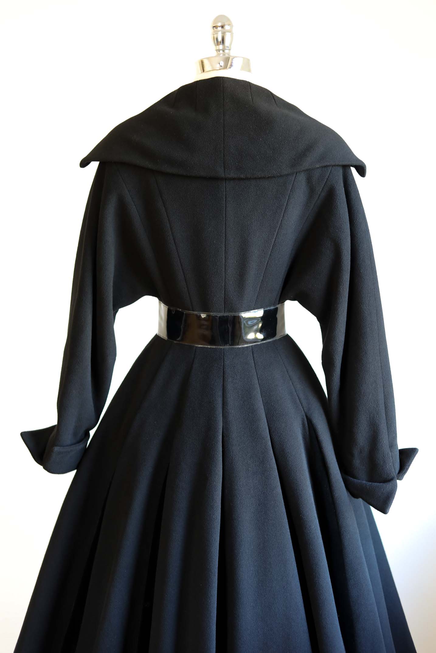 Vintage 1950s Princess Coat - THE BEST Black Cashmere/Wool + Velvet w Wide Black Belt Coat Size XS - S