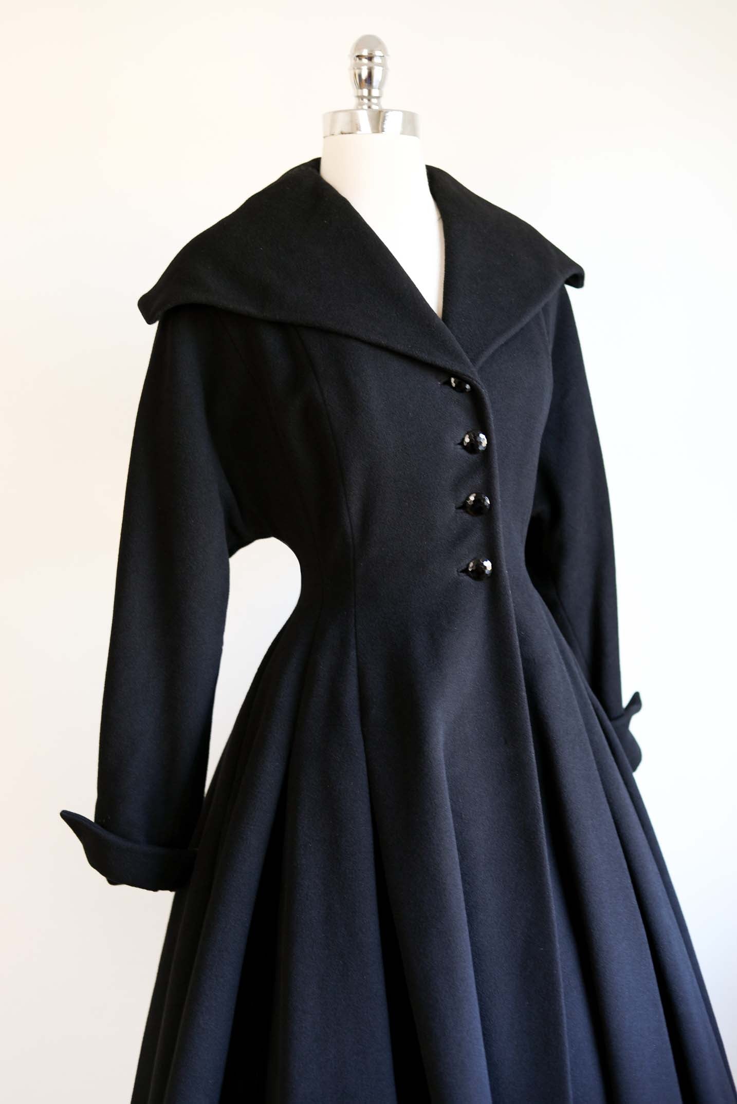 Vintage 1950s Princess Coat - THE BEST Black Cashmere/Wool + Velvet w Wide Black Belt Coat Size XS - S