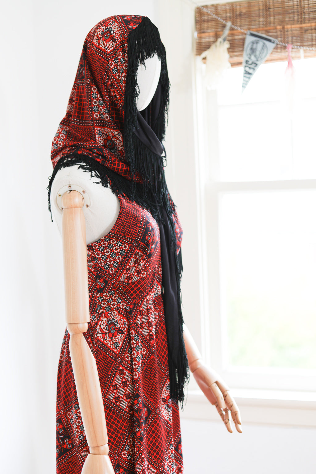 Vintage 1970s Dress + Fringed Shawl - FIERCE Lipstick Red Black Patchwork Maxi Gown w Caged Racerback + Matching Fringe Wrap! Size XS to S