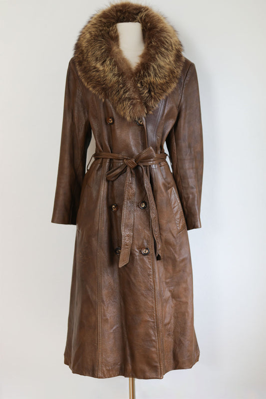 Vintage 1970s Leather + Fox Princess Coat - Chocolate Full-Length Belted Trench w Plaid Lining Size L