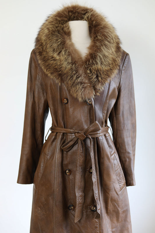 Vintage 1970s Leather + Fox Princess Coat - Chocolate Full-Length Belted Trench w Plaid Lining Size L