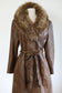 Vintage 1970s Leather + Fox Princess Coat - Chocolate Full-Length Belted Trench w Plaid Lining Size L