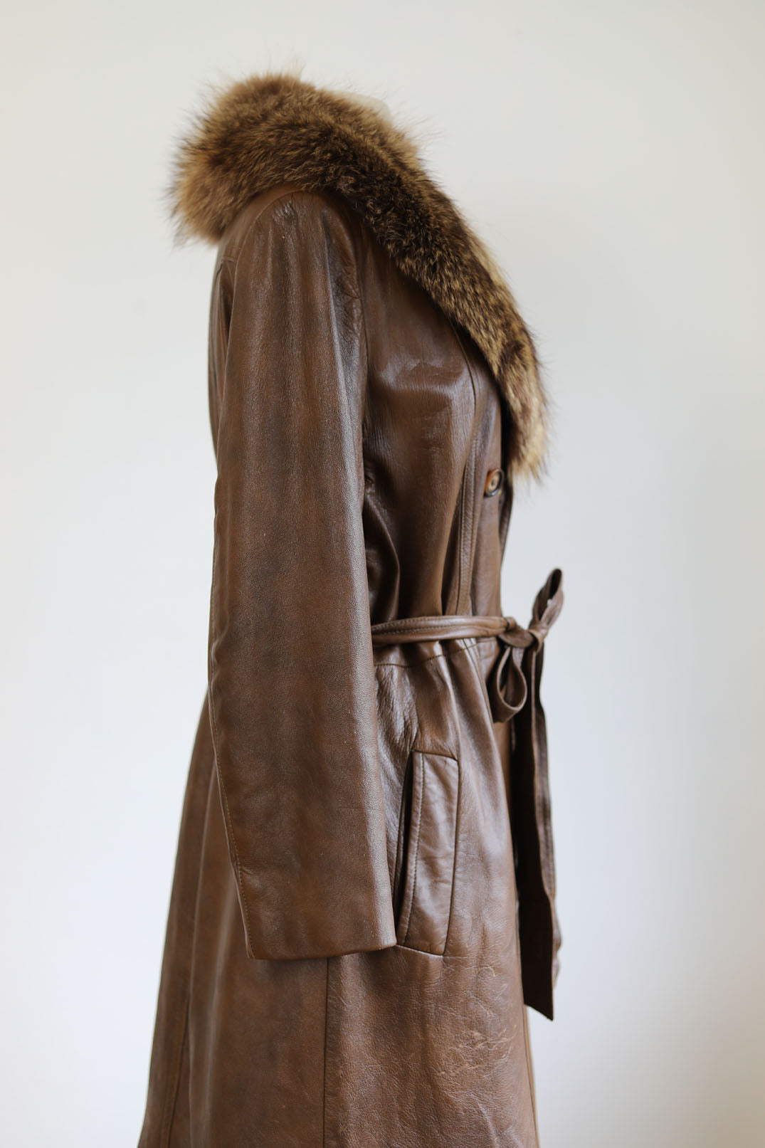Vintage 1970s Leather + Fox Princess Coat - Chocolate Full-Length Belted Trench w Plaid Lining Size L