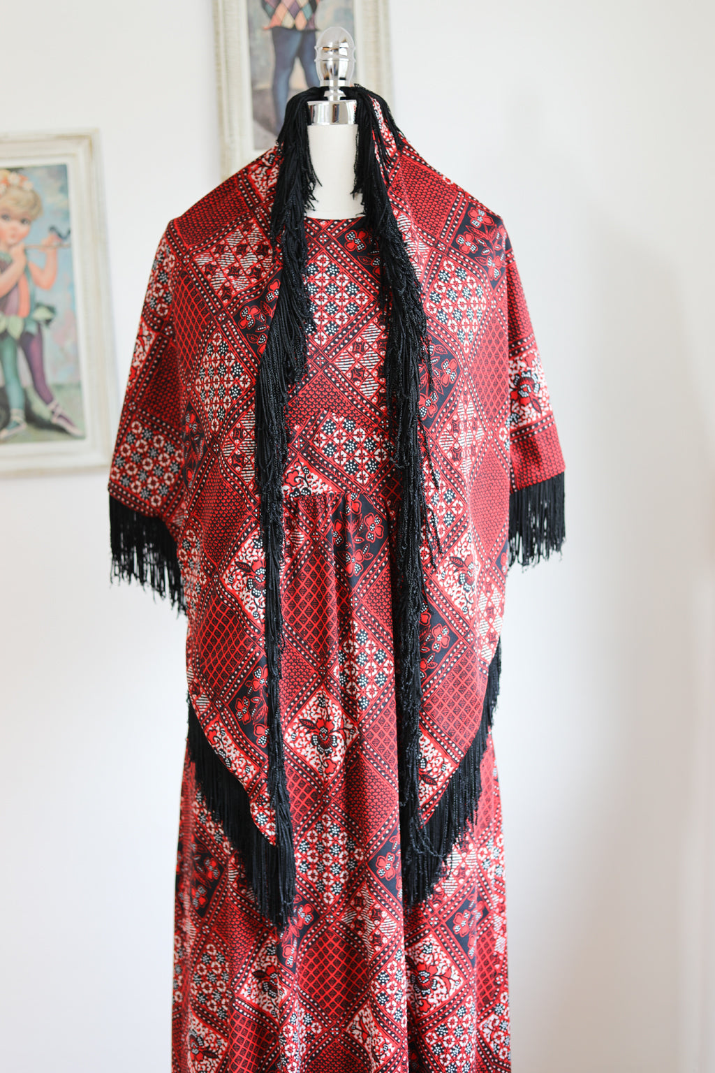 Vintage 1970s Dress + Fringed Shawl - FIERCE Lipstick Red Black Patchwork Maxi Gown w Caged Racerback + Matching Fringe Wrap! Size XS to S