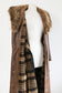 Vintage 1970s Leather + Fox Princess Coat - Chocolate Full-Length Belted Trench w Plaid Lining Size L