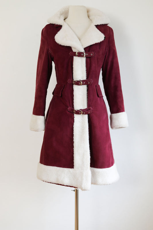 Vintage 1960s to 1970s Velvet HOODED Princess Coat - Buckle-Clasp Cranberry/Wine w Snowy Faux Fur Trim + Hood Size S to M