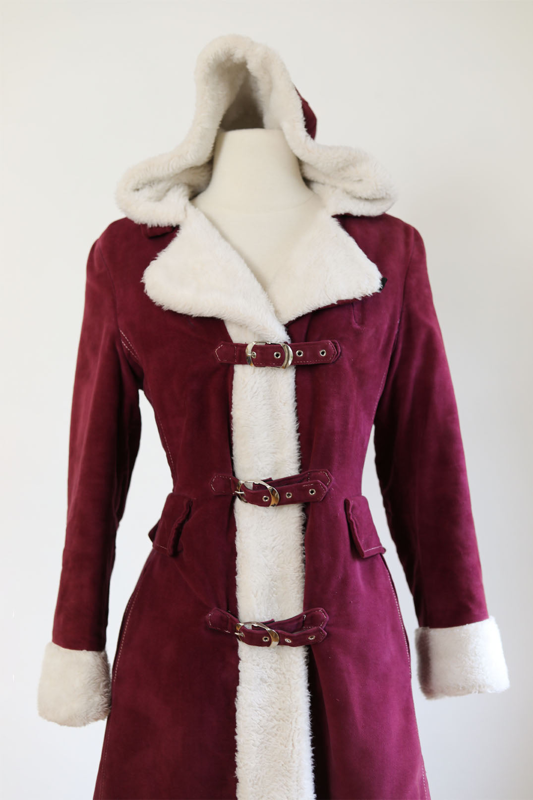 Vintage 1960s to 1970s Velvet HOODED Princess Coat - Buckle-Clasp Cranberry/Wine w Snowy Faux Fur Trim + Hood Size S to M