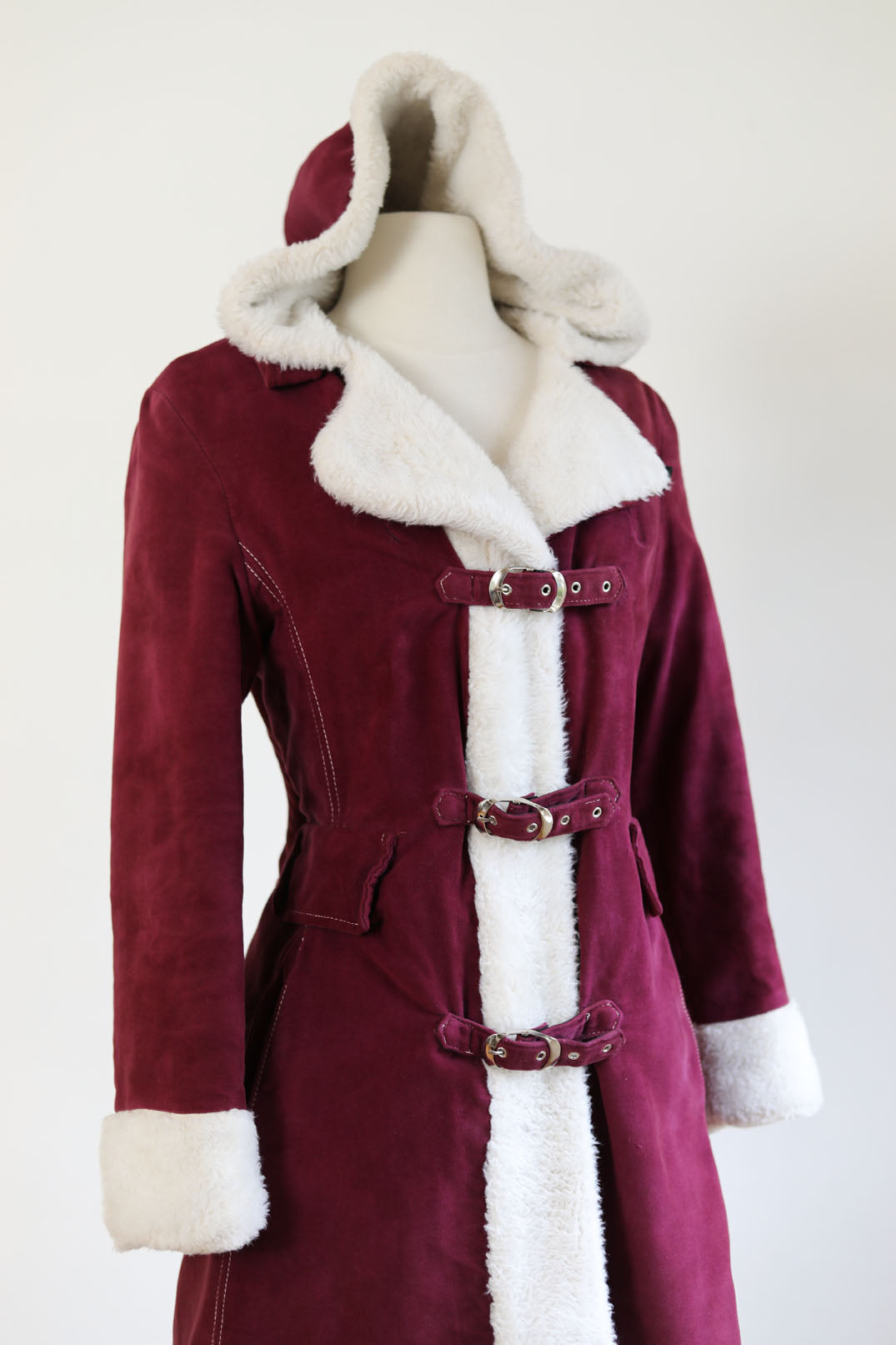 Vintage 1960s to 1970s Velvet HOODED Princess Coat - Buckle-Clasp Cranberry/Wine w Snowy Faux Fur Trim + Hood Size S to M