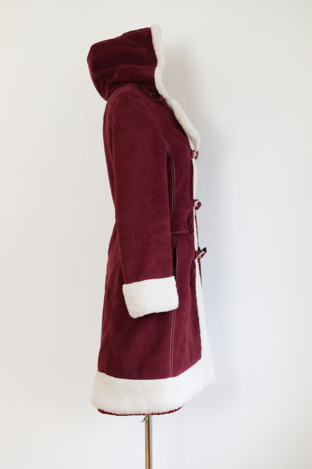 Vintage 1960s to 1970s Velvet HOODED Princess Coat - Buckle-Clasp Cranberry/Wine w Snowy Faux Fur Trim + Hood Size S to M