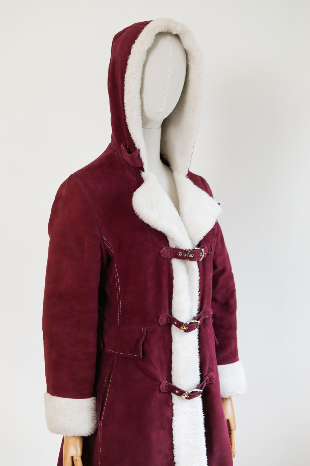 Vintage 1960s to 1970s Velvet HOODED Princess Coat - Buckle-Clasp Cranberry/Wine w Snowy Faux Fur Trim + Hood Size S to M
