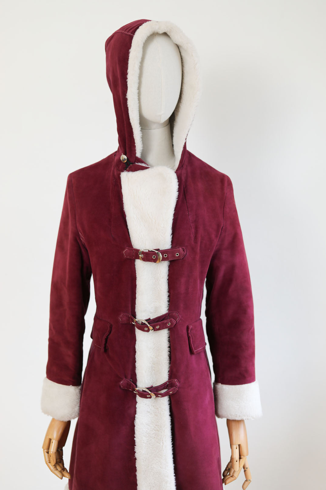 Vintage 1960s to 1970s Velvet HOODED Princess Coat - Buckle-Clasp Cranberry/Wine w Snowy Faux Fur Trim + Hood Size S to M