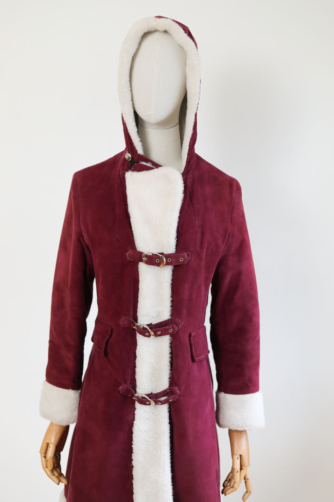 Vintage 1960s to 1970s Velvet HOODED Princess Coat - Buckle-Clasp Cranberry/Wine w Snowy Faux Fur Trim + Hood Size S to M