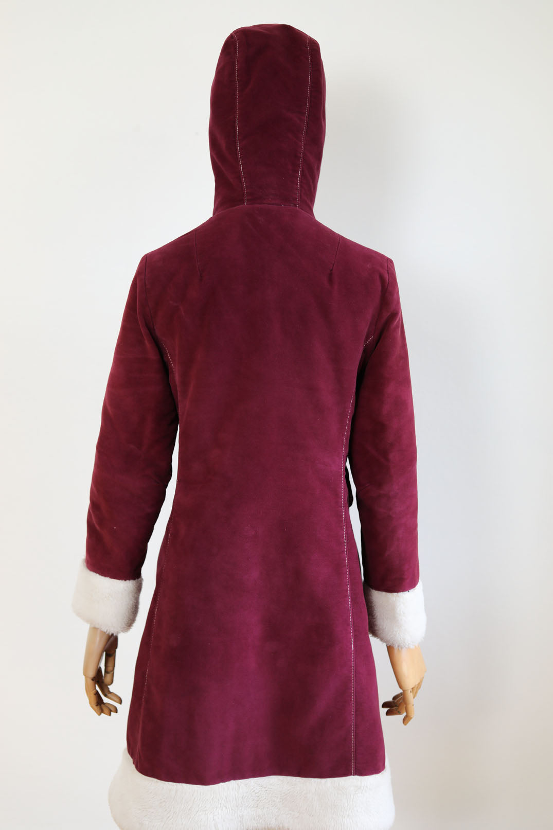 Vintage 1960s to 1970s Velvet HOODED Princess Coat - Buckle-Clasp Cranberry/Wine w Snowy Faux Fur Trim + Hood Size S to M