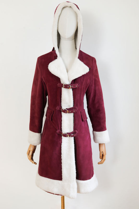 Vintage 1960s to 1970s Velvet HOODED Princess Coat - Buckle-Clasp Cranberry/Wine w Snowy Faux Fur Trim + Hood Size S to M