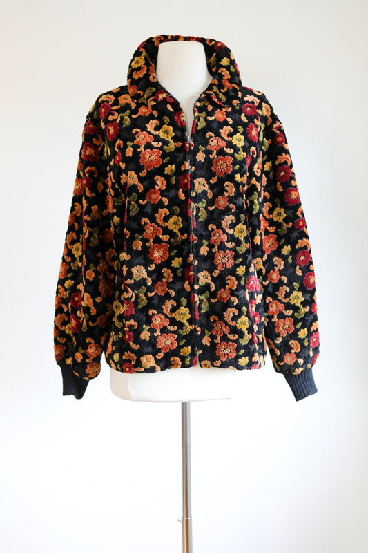 Vintage 1960s Black Carpet Coat - Rich Saturated Colors Chenille Velvet Tapestry Jacket w Metal Zipper Size M to L