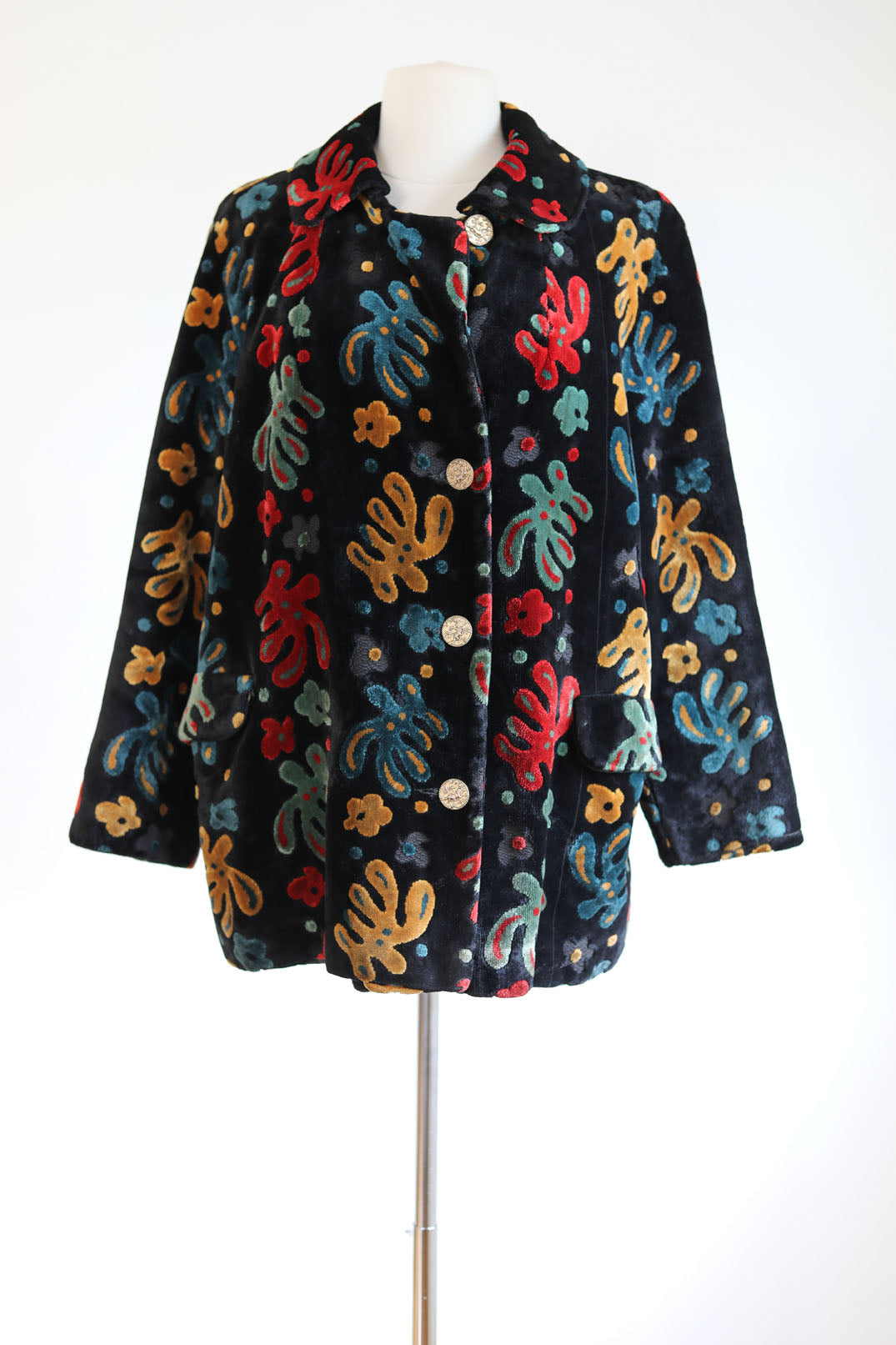 Vintage 1960s Black Carpet Coat - Black + Saturated Colors Velvet Chenille Tapestry Midcentury Modern Car Coat Size Medium to Large