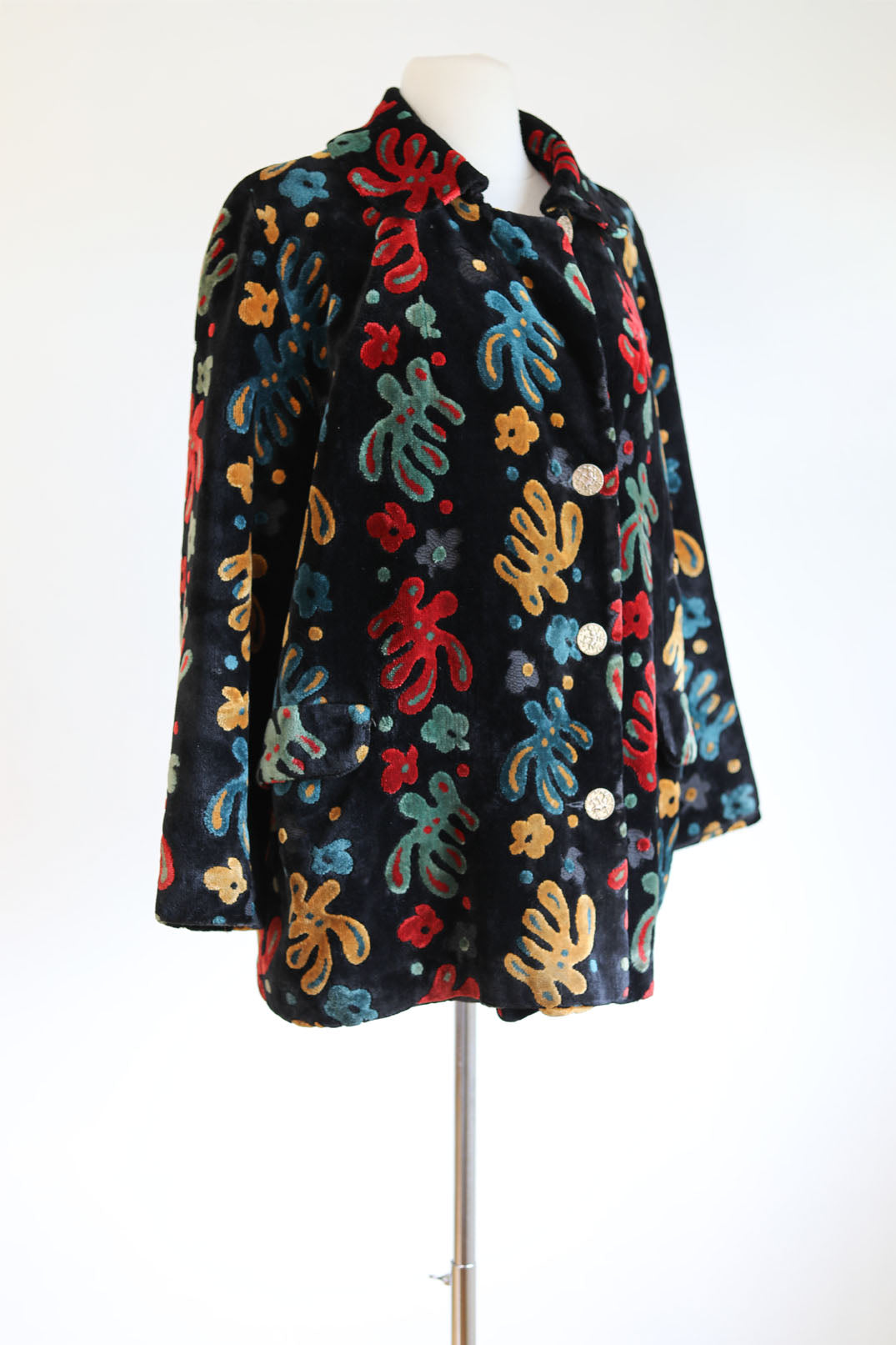 Vintage 1960s Black Carpet Coat - Black + Saturated Colors Velvet Chenille Tapestry Midcentury Modern Car Coat Size Medium to Large