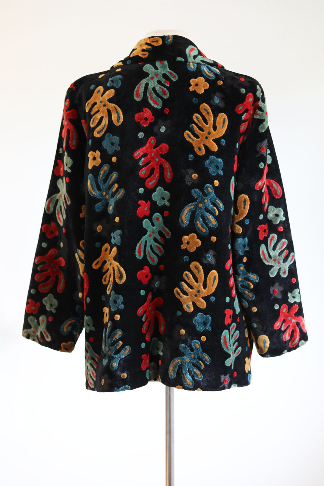 Vintage 1960s Black Carpet Coat - Black + Saturated Colors Velvet Chenille Tapestry Midcentury Modern Car Coat Size Medium to Large