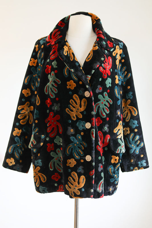 Vintage 1960s Black Carpet Coat - Black + Saturated Colors Velvet Chenille Tapestry Midcentury Modern Car Coat Size Medium to Large