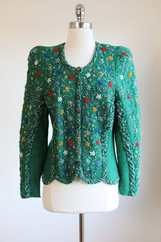 Vintage 1980s Wolkenstricker Sweater - FESTIVE PRINCESS Pure Wool Hand-Knit 3D Embroidered Flower Austrian Folk Puff Sleeve Cardigan Size M