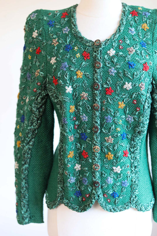 Vintage 1980s Wolkenstricker Sweater - FESTIVE PRINCESS Pure Wool Hand-Knit 3D Embroidered Flower Austrian Folk Puff Sleeve Cardigan Size M