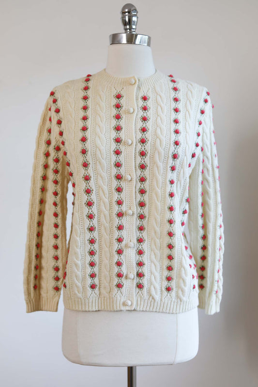 Vintage 1950s - 1960s Rosebud Sweater - BEAUTIFUL Folkloric Femme Pink Embroidered 3D Roses Knit Ivory Cardigan Size M - L