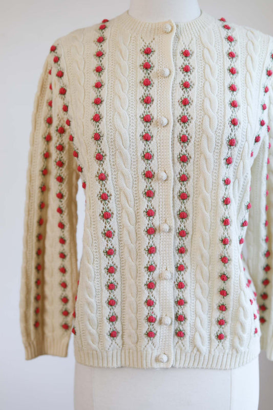 Vintage 1950s - 1960s Rosebud Sweater - BEAUTIFUL Folkloric Femme Pink Embroidered 3D Roses Knit Ivory Cardigan Size M - L