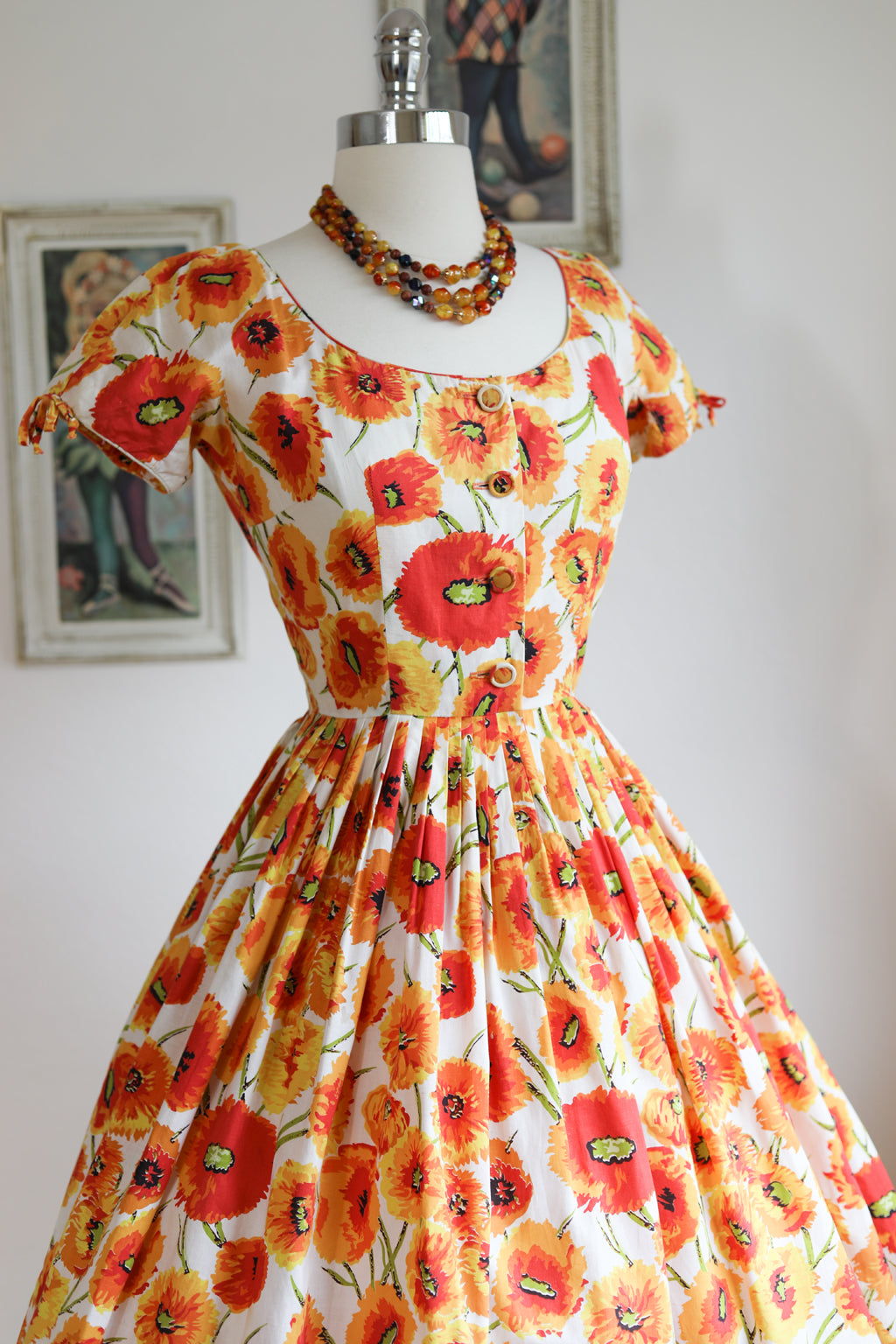 Vintage 1950s Dress - Spectacular Van Gogh-esque Jerry Gilden Fiery Poppy Floral Print Shirtwaist Sundress Size XS to S