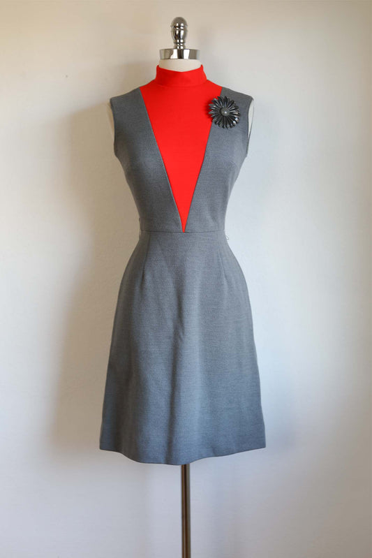 Vintage 1960s COLOR BLOCK Wool Jersey Knit Dress - Darling Blood Orange + Grey Knitwear Mod Frock Size XS to S