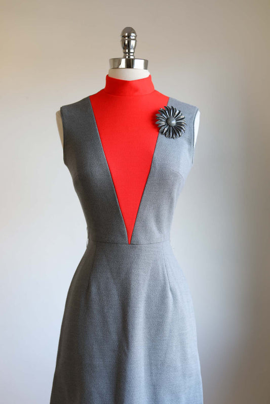 Vintage 1960s COLOR BLOCK Wool Jersey Knit Dress - Darling Blood Orange + Grey Knitwear Mod Frock Size XS to S