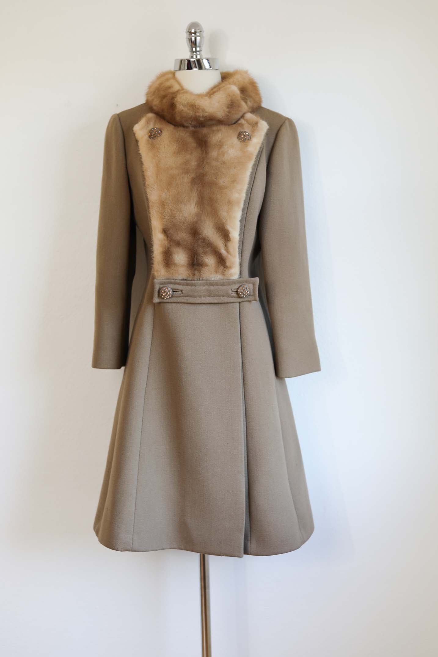 Vintage 1960s Mod Designer Princess Coat - DARLING Latte Wool Blonde Mink Fur + Amber Rhinestones - Size M - L