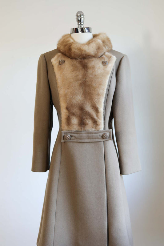 Vintage 1960s Mod Designer Princess Coat - DARLING Latte Wool Blonde Mink Fur + Amber Rhinestones - Size M - L