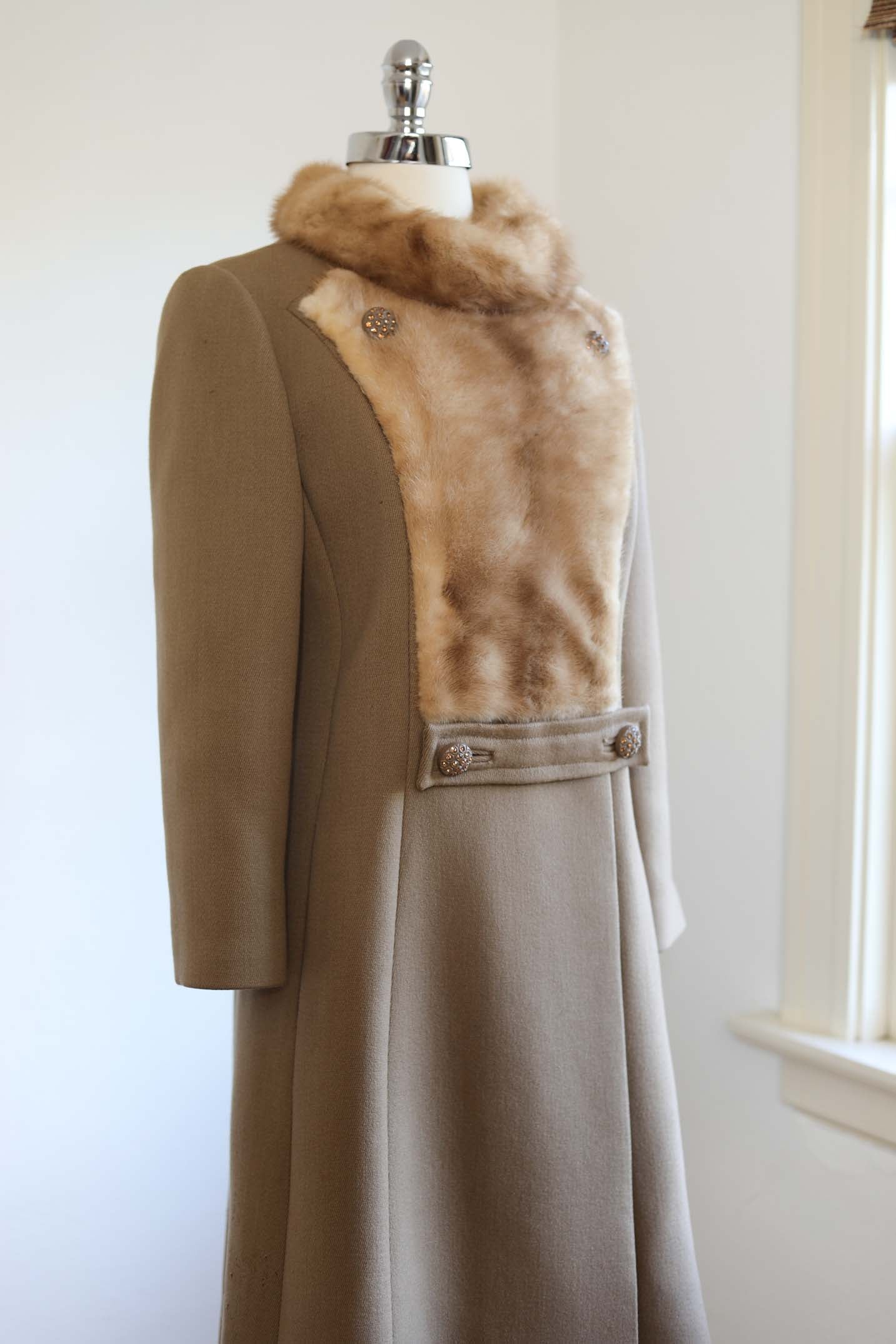 Vintage 1960s Mod Designer Princess Coat - DARLING Latte Wool Blonde Mink Fur + Amber Rhinestones - Size M - L