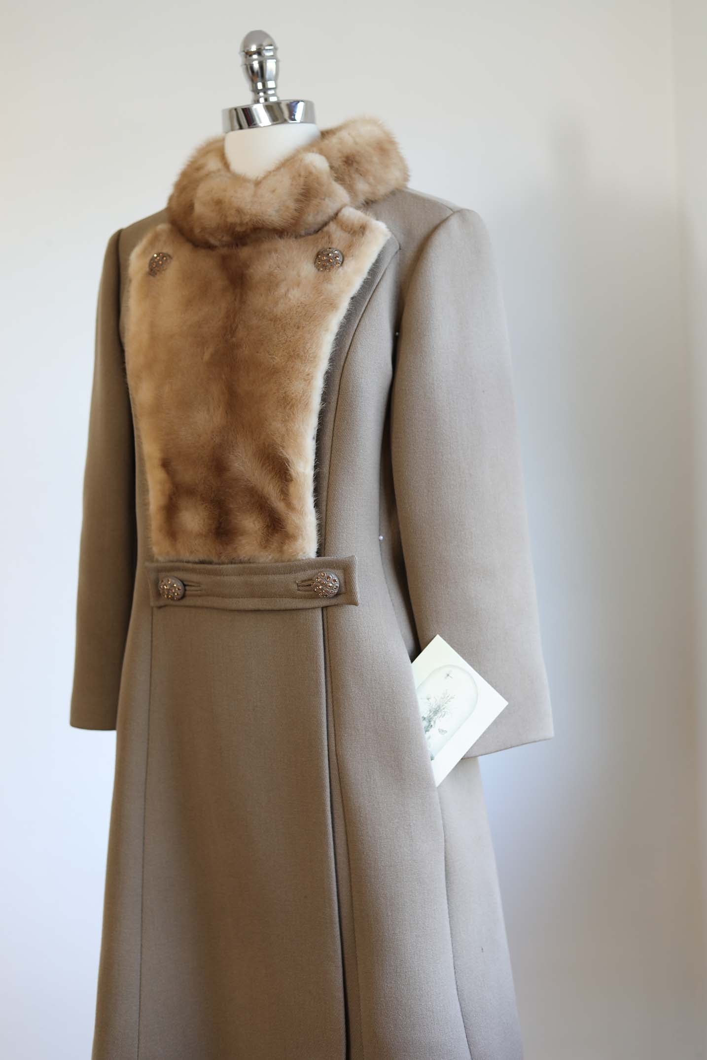 Vintage 1960s Mod Designer Princess Coat - DARLING Latte Wool Blonde Mink Fur + Amber Rhinestones - Size M - L