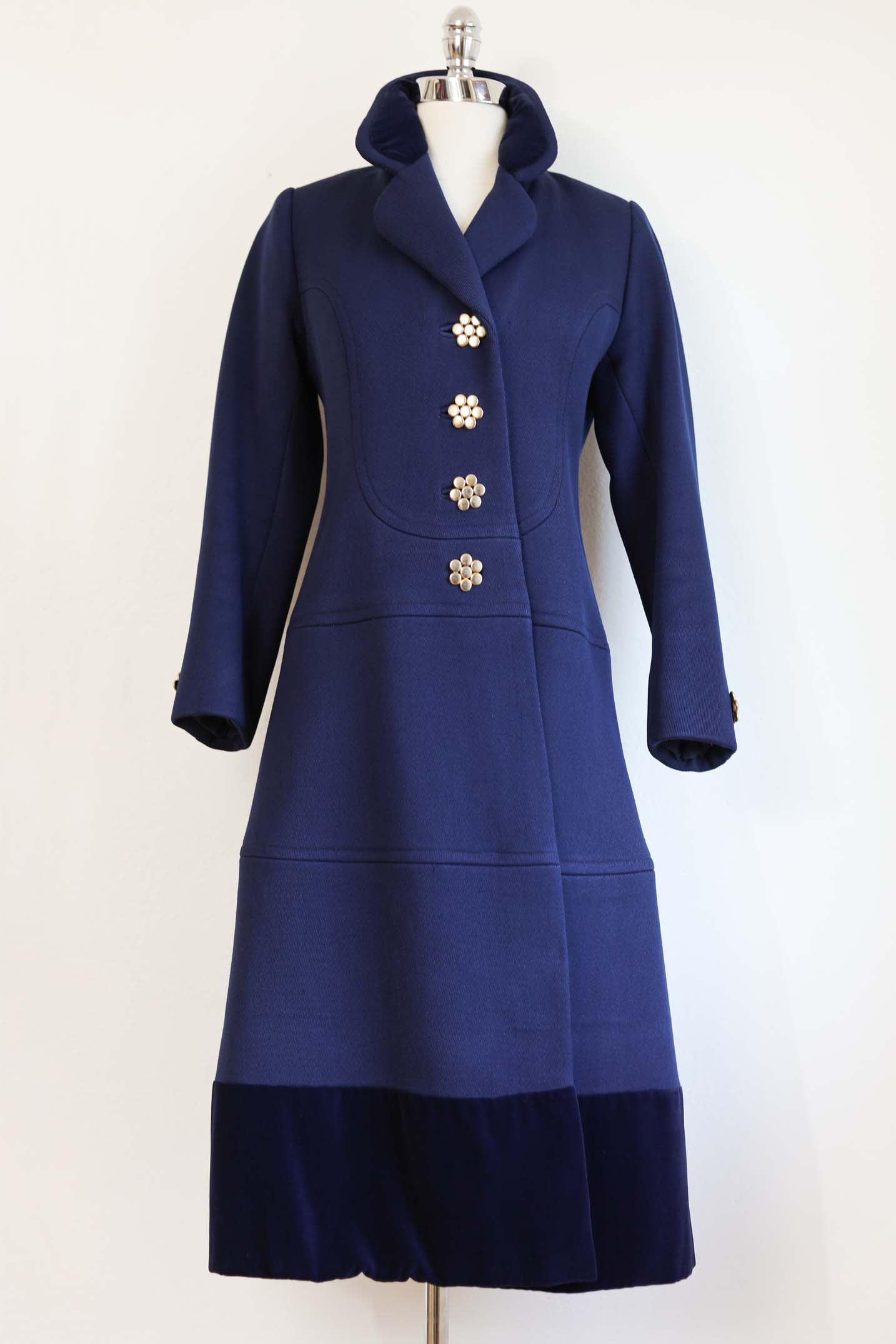 Vintage 1960s - 1970s Wool Princess Coat - RICH + REFINED Sapphire Blue w Heavy Silver Cast Buttons Size S