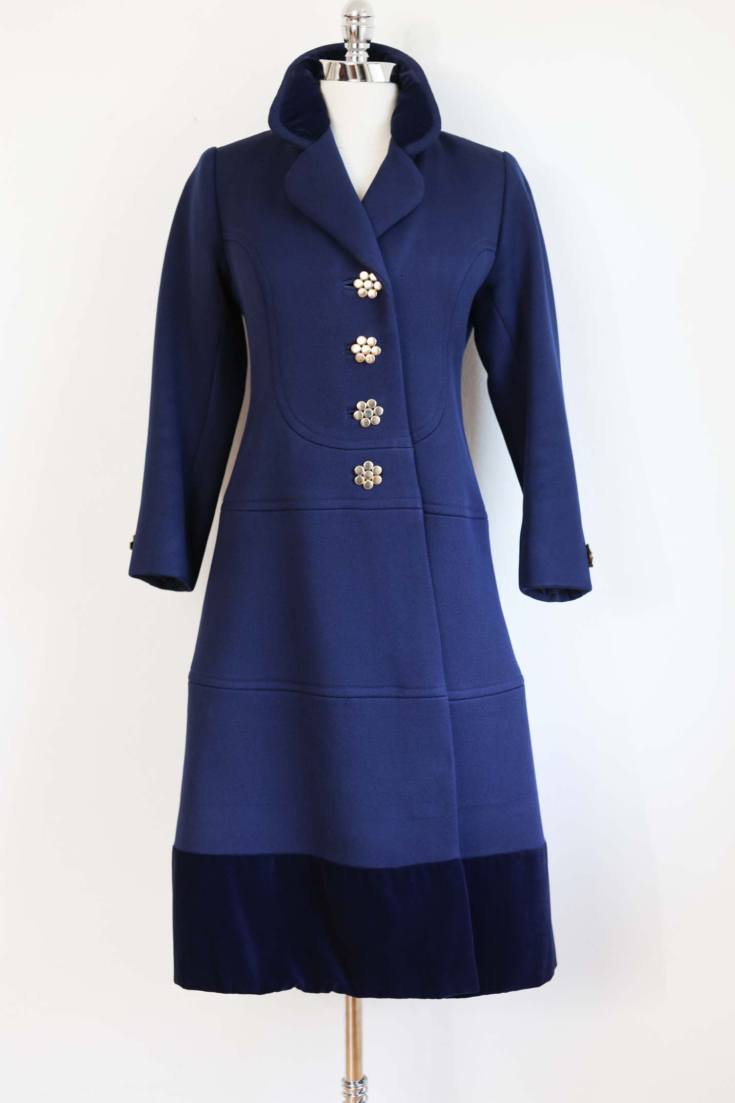 Vintage 1960s - 1970s Wool Princess Coat - RICH + REFINED Sapphire Blue w Heavy Silver Cast Buttons Size S