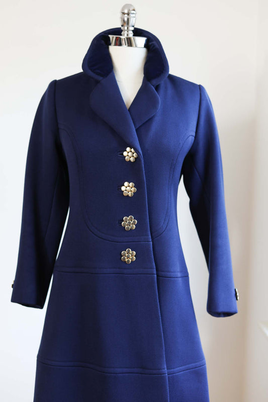 Vintage 1960s - 1970s Wool Princess Coat - RICH + REFINED Sapphire Blue w Heavy Silver Cast Buttons Size S