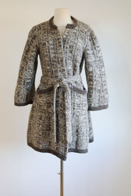 Vintage 1970s Irish Duster Sweater - Hand-Knit Neutral Pure Wool Belted Irish Fisherman's Cardigan Coat Size M