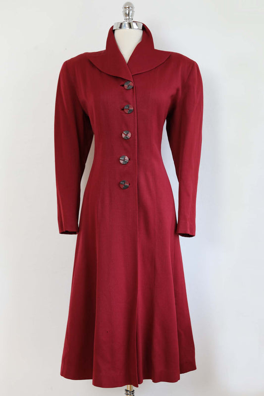 Vintage 1940s Gay Life Princess Coat - Rare WINE RED Documented 1948 Wool Gabardine Deco Half Belt Overcoat w Bakelite Buttons Size M to L