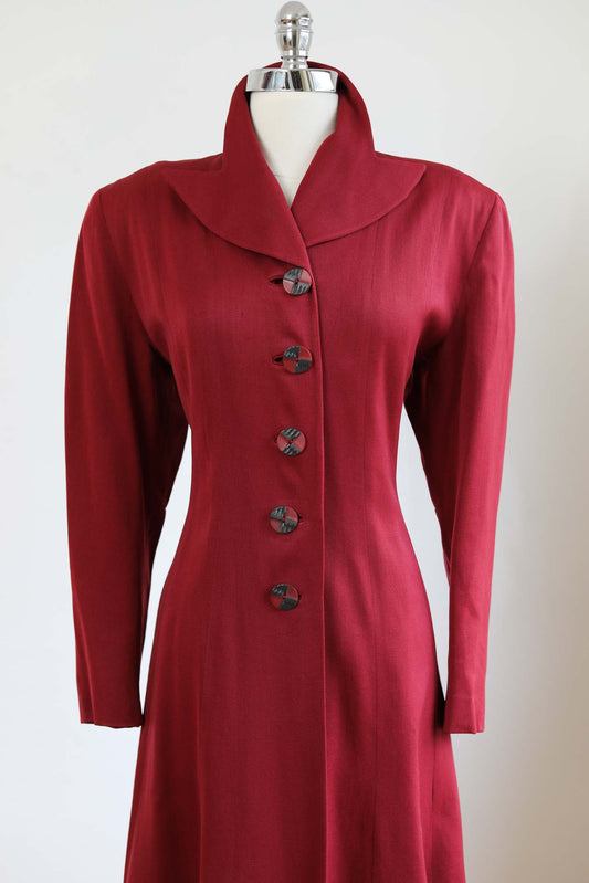 Vintage 1940s Gay Life Princess Coat - Rare WINE RED Documented 1948 Wool Gabardine Deco Half Belt Overcoat w Bakelite Buttons Size M to L