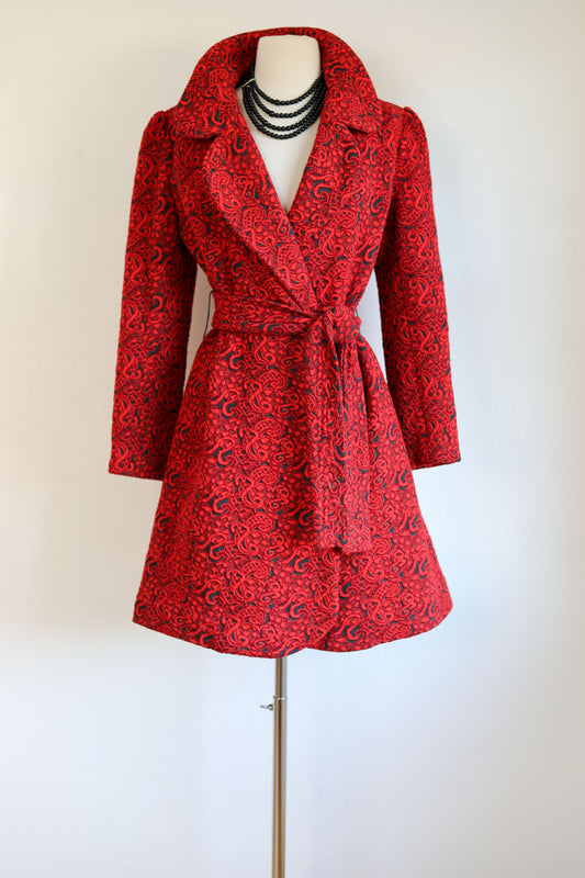 Vintage 1960s Tapestry Coat - Vampire's Delight! Goth Scarlet Red + Black Lace Motif Wrap Belted Coat Size M to L