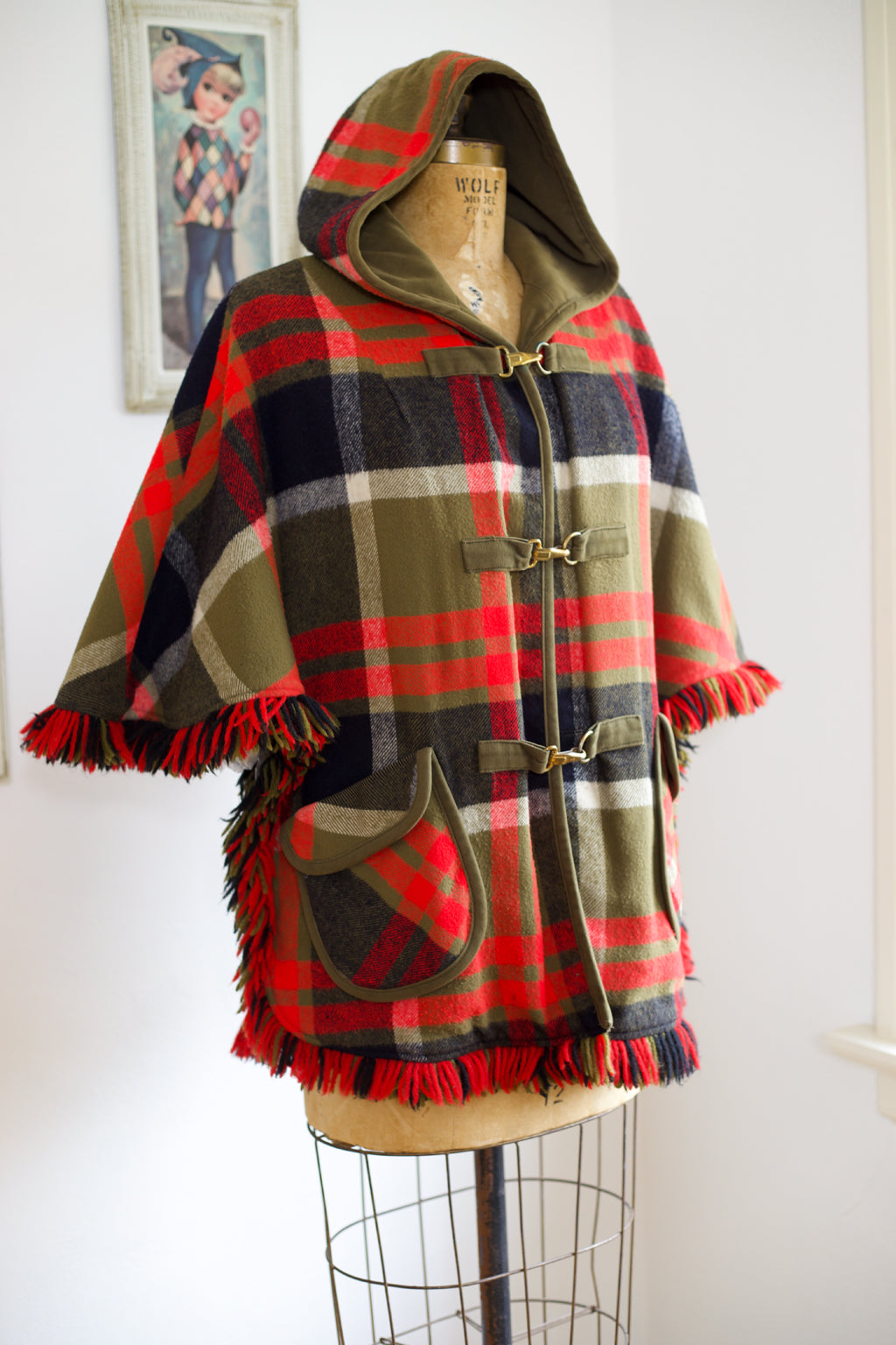 Vintage 1960s FRINGED Reversible Plaid HOODED Poncho - Warm + Cozy w Brass Hardware & Hood Cape Coat Fits Many