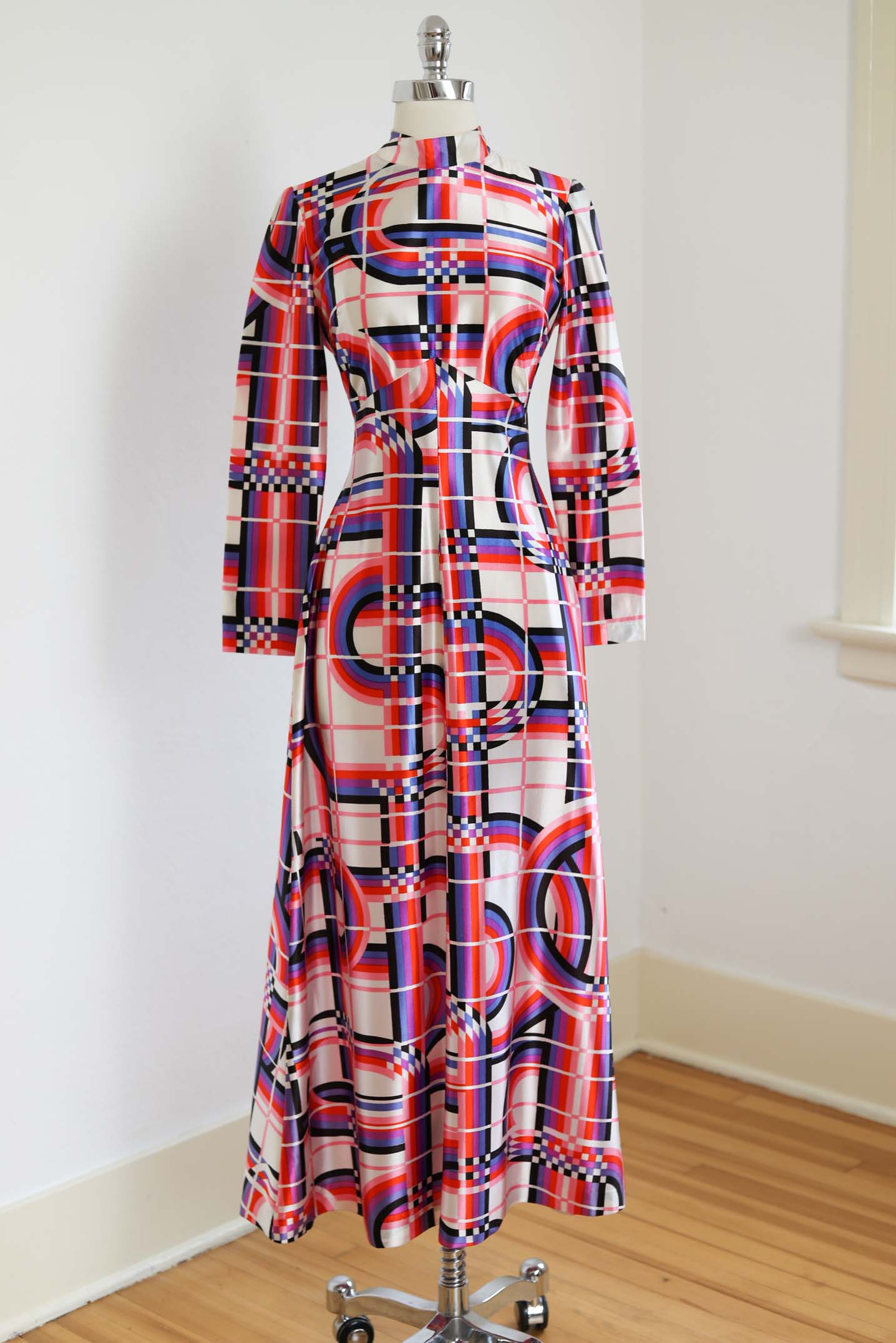 Vintage 1970s Maxi Dress - WILD Op-Art Rainbow Print Slinky Jersey Designer Gown Size S to M